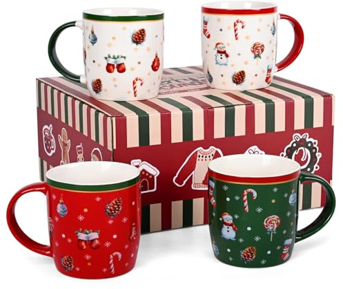 Joymaking Tasse Weihnachten Set Weihnachtsgeschenke für Freunde Kaffeetasse mit festlichem Design Schneemann Zuckerstange Weihnachtstasse für heißen Kakao Glühwein, 310ml 4er Set Weihnachtstassen