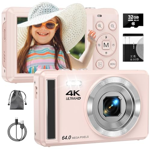 Digitalkamera 4K 64 MP mit Autofokus | Tragbare Kompaktkamera mit 32 GB TF-Karte, 1200mAh Batterie und USB-Kabel | Ideal für Teenager und Anfänger