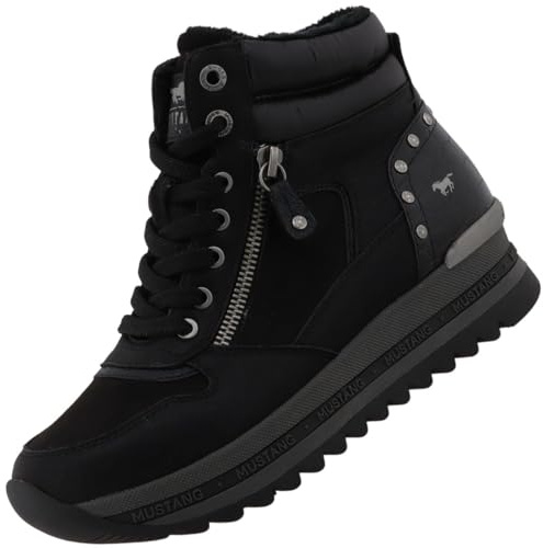 MUSTANG - Baskets noires à talon semi-compensé avec des lacets et un zip latéral - Taille numeric_37
