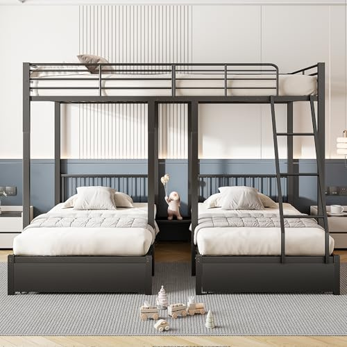 SACOOL Litera triple de 140 x 200 cm con cajones, marco de cama de metal, convertible en cama de matrimonio y dos camas individuales de 90 x 200 cm, cama multifuncional de metal, color negro