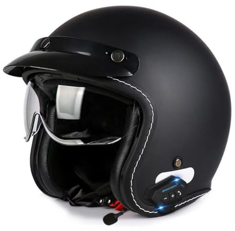 Caschi Da Moto Jet Stile Vintage Bluetooth Casco Da Motociclista Per Uomini E Donne DOTECE Omologato Casco A Scodella Caschi Cromwell Con Visiera Parasole Mezzo Casco 1,M:57-58CM