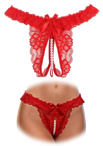 comeondear Tanga Abierto para Mujer de Encaje Bragas Abertura con Perlas Talla Grande Tangas Abierta de Cintura Baja Thong String Ropa Interior Sexy Lenceria Atrevida Transparente Lazos Rojo,S