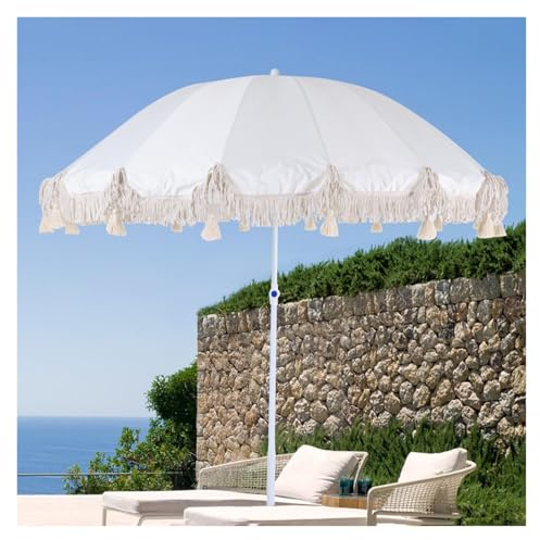 Genérico Sombrilla De Playa Y Jardín 2,20m con Flecos Blancos Sombrillas Exterior Inclinable Parasol Protección Solar Sin Base para Patio Terraza Balcón