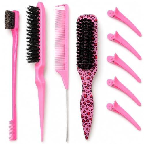 4 Pcs Slick Back Hair Brush with 5Pcs Clips,Leopard Slick Back Brush Set