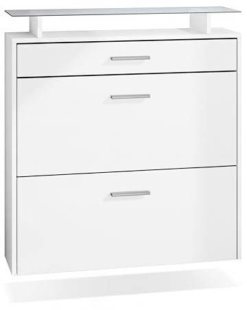 Vladon Schuhschrank Malea, hängender Schuhkipper für 16 Paar Schuhe mit 2 Klappen und 1 Schublade und Glasablage, Weiß matt/Weiß matt (89 x 96 x 23 cm)