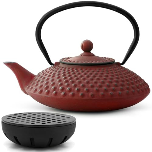 Bredemeijer Teekanne asiatisch Gusseisen Set 1.25 Liter rot Teekessel mit Henkel & Edelstahl Tee-Filter Sieb-Einsatz & gusseisernen Stövchen