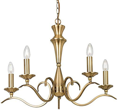 Hanging Ceiling Pendant Light – Antique Brass – 5X 40W E14 Vintage Candle Lamp Bulb Holder – Vintage/Classic Metal Feature Chandelier with Chain & Rose Fitting Lighting Kit – LED Compatible