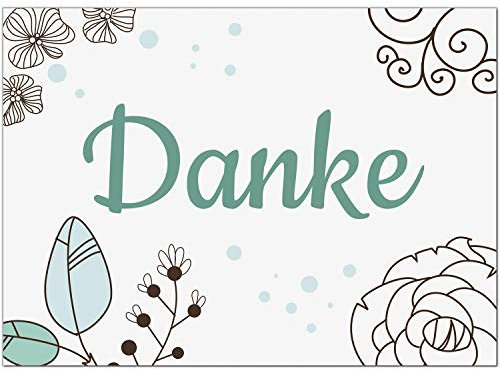 10 x Dankeskarten mit Umschlag - Türkis floral edel - Danksagungskarten, Danke sagen, nach Hochzeit, Geburt, Baby, Taufe, Geburtstag, Kommunion, Konfirmation, Jugendweihe