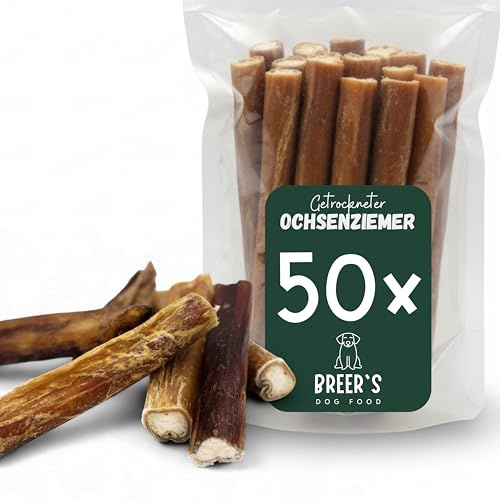 BREERs Getrocknete Ochsenziemer 12 cm für Hunde 50 Stück eigene deutsche Herstellung | Hundeleckerli Kaustange Hundesnack für große, kleine Hunde & Welpen | Kauartikel reinigt und stärkt das Gebiss