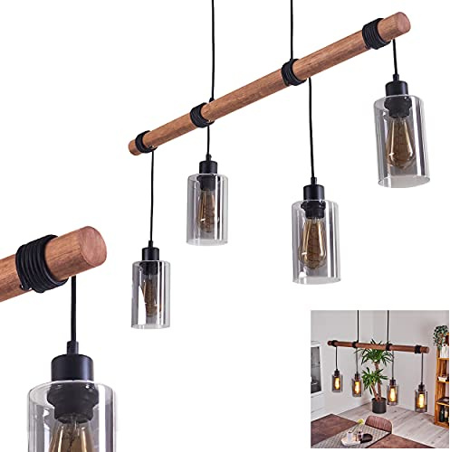 HOFSTEIN Pendelleuchte Hunouri, Deckenlampe aus Metall schwarz und Holz, Vintage Look, Zimmerlampe mit Rauchglasschirmen 4-flammig, 4 x E27, Höhe beliebig verstellbar bis max. 184 cm, Esszimmer, Küche