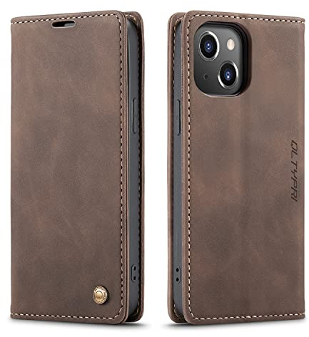 QLTYPRI Fodral för iPhone 13, vintage plånboksfodral i PU-läder, kortplats, stativ, magnetisk flip folio, bokfodral för iPhone 13 – kaffebrun