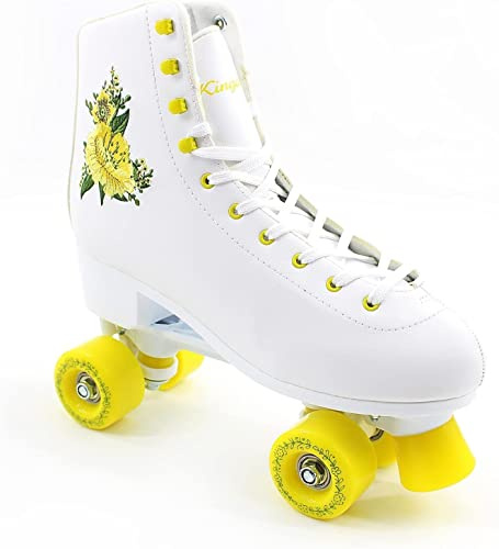 Kingdom GB Peony V3 Roller Skates Embroidery Flower Girls Womens Quad Roller Boots Indoor Outdoor Yellow Size UK 7