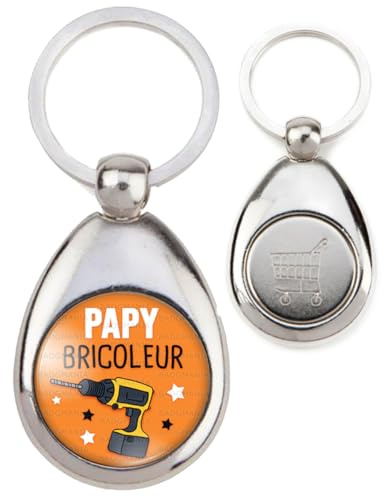 BADGMANIA | Porte Clés Métal Jeton de Caddie | Papy Bricoleur - Perceuse - Humour Idée Cadeau Homme Grands Parents Anniversaire Fête