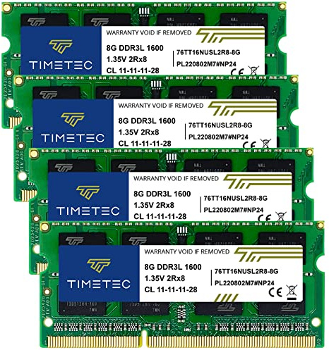 Timetec 32GB KIT(4x8GB) DDR3L / DDR3 1600 MHz (DDR3L-1600) PC3L-12800 / PC3-12800 Non-ECC Ungepuffert 1,35 V/1,5 V CL11 2Rx8 Dual Rank 204 Pin SODIMM Laptop Notebook PC Computer RAM
