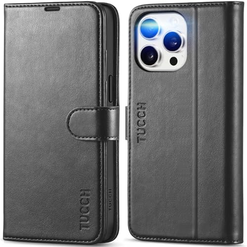 TUCCH Hülle für iPhone 15 Pro Max 5G 2023(6,7 Zoll) Handyhülle, Schwarz | TPU, Kartenfächer, RFID Blocker, Standfunktion, Magnet, Stoßfeste Schutzhülle, Klapphülle für iPhone 15 Pro Max