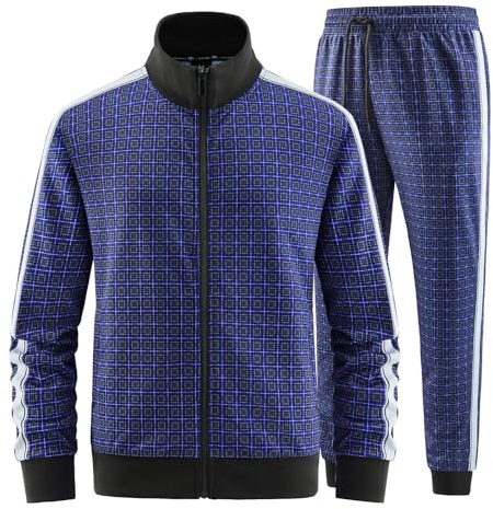 ANOTWENER Track Suits for Men Set 2 Piece Sweat Suits PlaidTracksuit Men Outfits Sets Sweat Jackets Walking Suits Jogging Jogger Set Blue JW-2401-L