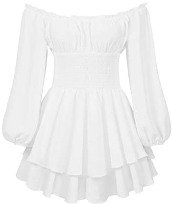 Women Puff Sleeve Square Neck Romper Dress Off Shoulder Ruffle Shorts Smocked Layered Flowy A Line MiniBeach Swing Dress Sundress (B-White, M)