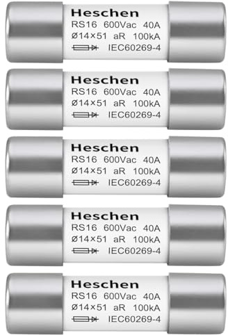 Heschen 5 fusibles cilíndricos de tubería de cerámica, RS16, tipo aR, 14 x 51 mm, 40 A, 600 V CA, 100 kA, 5 unidades