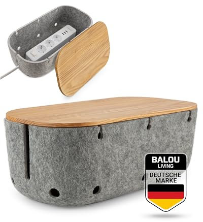 Kabelbox aus Filz mit Bambus Holz Deckel - Kabelsammler mit 15 Kabelausgängen - Steckdosenbox Aufbewahrung Cable Box, grau