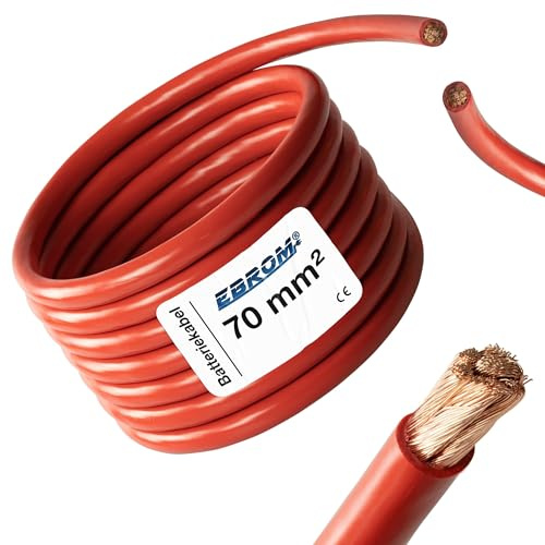 EBROM - 5 Meter Batteriekabel - Pluskabel - ROT - 70 mm² - Vollkupfer | Batterie Kabel - PLUS KABEL - 5 m Länge - für PV, Boot, Solar, Industrie, LKW, KFZ, Caravan und weitere Anwendungsbereiche