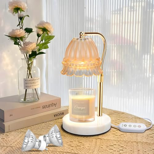 Candle Warmer Lamp - Electric Candle Warmer Lamp- with Timing - 4 Level Dimming - Height Adjustable - for Home Office Bedroom Living Room (White+Champagne)