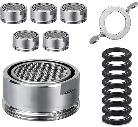 Mtskaeo 6 Stück Wasserhahn Aufsatz,Wasserhahn Sieb Einsatz mit 1 Schraubenschlüssel und 8 Dichtung,Edelstahl- Filter Wasserhahn sieb,Wassersparer für Wasserhahn Brause