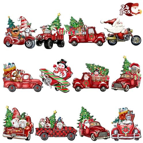 24 decoraciones de madera para árbol de Navidad, adornos colgantes de Navidad vintage con cuerda, 12 estilos de decoración de árbol de Navidad rojo para el hogar, regalos, suministros de fiesta