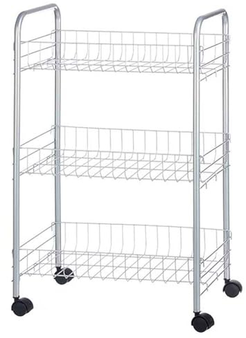 Tradineur - Carrito verdulero de cocina metálico con ruedas, 3 niveles, estantería para almacenamiento de frutas, verduras (Gris - 62 x 38 x 26 cm)