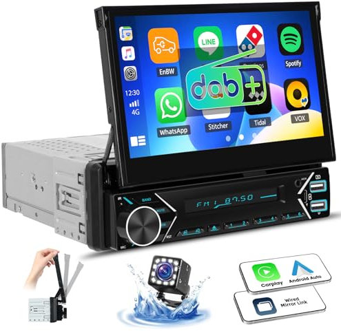 OiLiehu Single Din Touchscreen DAB+ Car Stereo with Wireless CarPlay Android Auto, 7'' Motorized Flip Out Radio with Bluetooth Mirror Link FM EQ SWC AUX USB/Type-C + Backup Camera, MIC, DAB Module