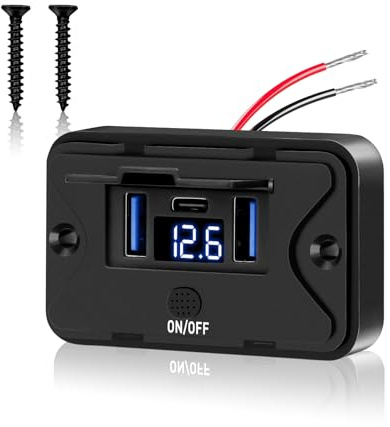 Daakro 72W USB Ladebuchse 12V Autoladegerät Mit Voltmeter Dual QC3.0 USB | PD3.0 Typ C Handy Schnellladegerät Wasserdicht mit Schalter für 12 V / 24 V Wohnwagen, Autos, Motorräder, LKWs
