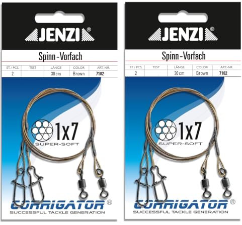 Set: 4 Stück x 1x7 Stahlvorfach mit Wirbel und Karabiner von Jenzi, 7, 9, &12 Kg, Länge 30 cm + Petri Heil! Aufkleber (12 kg)