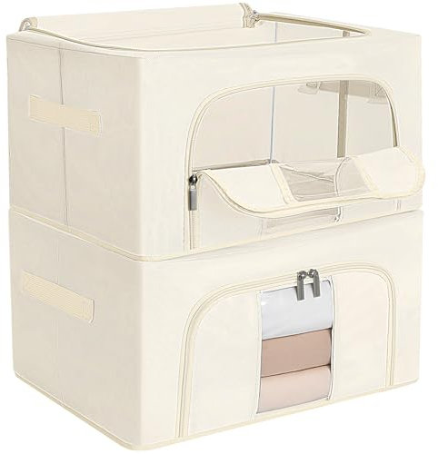 AiQInu 2 Pezzi Scatole per Armadio con Cerniera, 24L Organizzatore Armadio con Struttura in Metallo Pieghevole, Scatole per Vestiti Impilabili, per Trapunte Coperte Biancheria - 40 x 30 x 20 cm