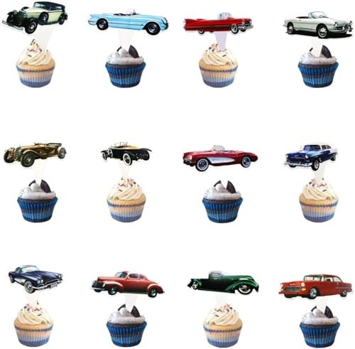 Cupcake-Aufsätze, klassische Autos, 1950er-Jahre, Cabrio, Vintage-Stil, Partyzubehör, Gastgeschenke, Kuchenspieße für Geburtstag, Jahrestag, Hochzeit, Verlobung, Party-Dekorationen, 24 Stück