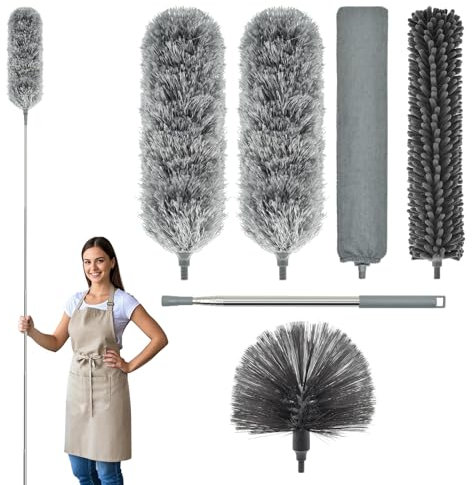 DLAIMI Feather Duster Extendable 6 Kit with 30-100 inch Telescopic Extension pole,Bendable&Reusable Gap Hand Crevice Brush For Cleaning Dust Cobwebs on High Ceiling Fans Lights Blinds Cars Furniture
