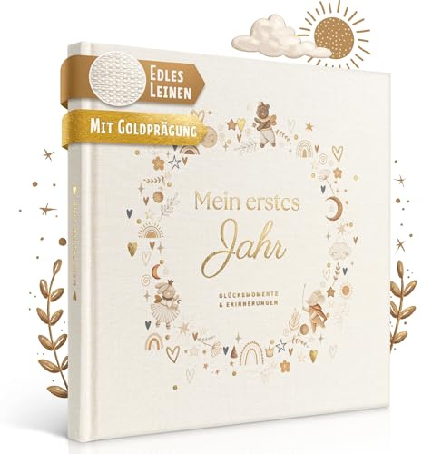 EULENTALER® Das Babyalbum mein erstes Jahr SCANDI I Von Pädagogen gestaltet I Mit handgemalten süßen Illustrationen I Leinencover + Farb/Goldprägung I Babytagebuch für Jungs & Mädchen zur Geburt