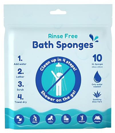 10pk Rinse Free Bath Sponges, 20x20cm Bath Wipes for Travel, Gym, Camping, Elderly, Babies, Single Use Shampoo Shower, Soothing Aloe Vera, Only Water Needed
