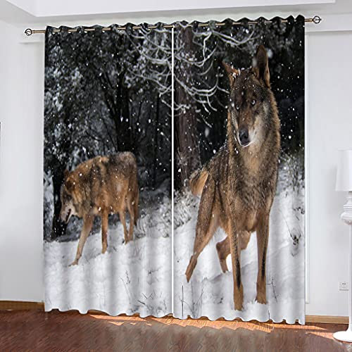 MAYNUO Blickdichte Vorhänge Mit Motiv 3D Tier Wolf Schneeszene Kinder Gardinen Ösen Gardine Thermo 280x160 cm Schlafzimmer Kinderzimmer Vorhange Dekoratives Muster, Verdunklungsvorhänge