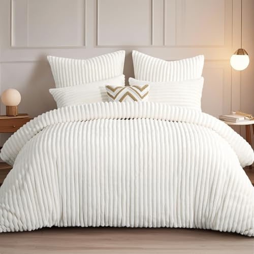 RUIKASI Copripiumino Flanella Invernale 220x240 3P Bianco Caldo | Copripiumino in flanella caldo e morbido, chiusura lampo + 2 federe 80x80 cm, effetto cachemire