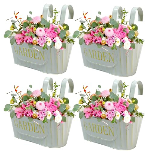 Shiawase 4 Pièces Pots de Fleurs à Suspendre Rétro Métal avec Double Crochet, 27cm Grands Pots de Plantes, Jardiniere Suspendue avec Trou de Drainage, pour Balcon Clôture Jardin Maison Décor