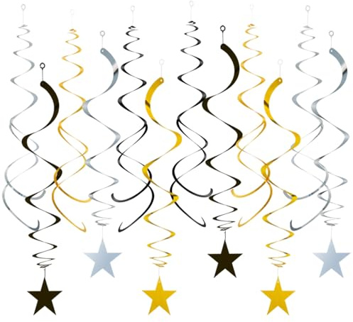 GAKA FAVOR 24 Stück Schwarz Gold Silber Spiralen Girlande Deko,Glitzer Wirbel Party Deko für Graduation, Geburtstag, Hochzeit, Silvester oder Karneval