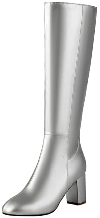 VBEDKDEB Stivali da donna al ginocchio, stivali alti al ginocchio, da donna, con suola spessa, tacchi alti, polpaccio, scarpe formali con lacci e chiusura lampo, scarpe Dirndl, argento, 40 EU