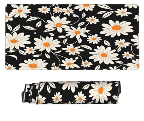 Tapis de Souris XXL Noir 1200 x 600 x 3 mm, Grand Tapis de Souris Gamer Marguerite Blanche sous Main Bureau à Bords Cousus, Mouse Pad avec Base en Caoutchouc Antidérapante pour Maison -MP535