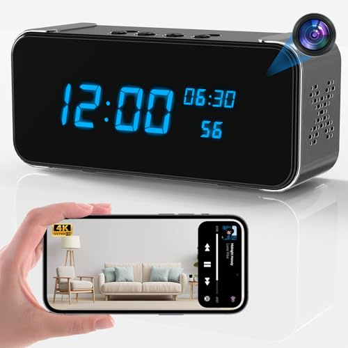 JOOKACE Altavoz Bluetooth con reloj de cámara oculta, cámara inalámbrica Ultra 4K HD para interior para seguridad del hogar, mini cámara de niñera con visión nocturna, detección de movimiento