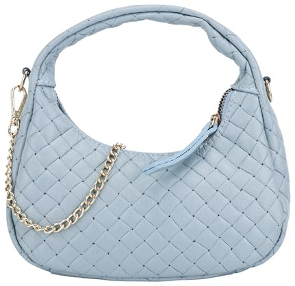 SH Leder Damen Kleine Handtasche aus Echtem Leder mit Geflochten print und Goldkette, Elegante Umhängetasche Hobo tasche 21x20cm Julie G316 (Hellblau)