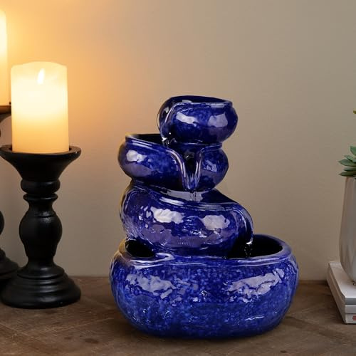 Glitzhome 12 H Ceramic Cobalt Blue Tabletop Fountain with Pump, 4-Tiered Indoor Water Fountain Cascading Table Fountain Pot for Home Office Living Room, Decorative Desktop Fountains Waterfalls
