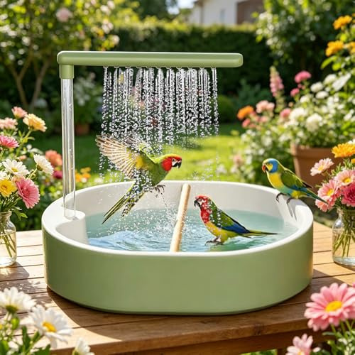 Nzkeuf Vogeldusche Wellensittich, Wellensittich Dusche, Automatische Vogelbad mit Pumpe, Leise Wanne, Vogel Badewanne mit Zirkulationshahn für Papageien und Kleine Vögel（Grün）