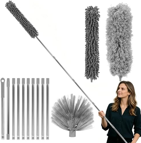 4 Piezas Plumero Telescopico Extensible, Kit de Limpieza Microfibra con Cabezal de Cepillo de Chenilla para Quitar el Polvo, Cepillo Telaraña y Mango Largo para Techos, Ventiladores