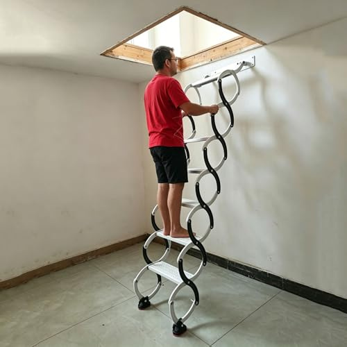 Escalera Plegable retráctil para ático, Escalera Plegable de Pared para ático, con Montaje en Techo, Escalera telescópica para Exteriores, Acero, Capacidad de 300 kg(8 Steps 205CM/80.7IN)