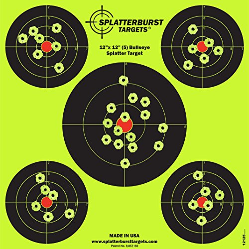 Splatterburst Targets - 12 x12 inch (5) Bullseye Reactive Shooting Target - Shots Burst Bright Fluorescent Yellow Upon Impact - Gun - Rifle - Pistol - Airsoft - BB Gun - Air Rifle (50 Pack)