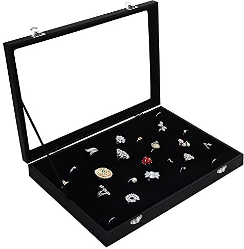 Kurtzy Schwarzes Samt Ring Schmuck Aufbewahrungssystem Schmuckkästchen Glas Deckel mit 100 Schlitzen - Ringhalter Schmuck Box mit Klarem Glasdeckel für Ringe, Ohrringe und Manschettenknöpfe